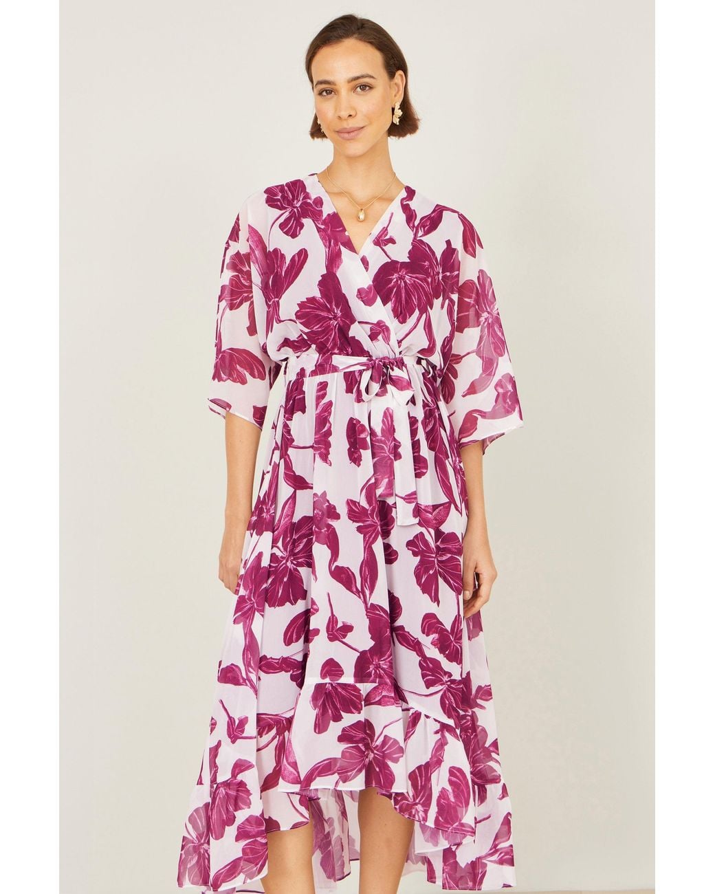 Yumi' Pink Kimono Sleeves Midi Dip Hem Wrap Midi Dress