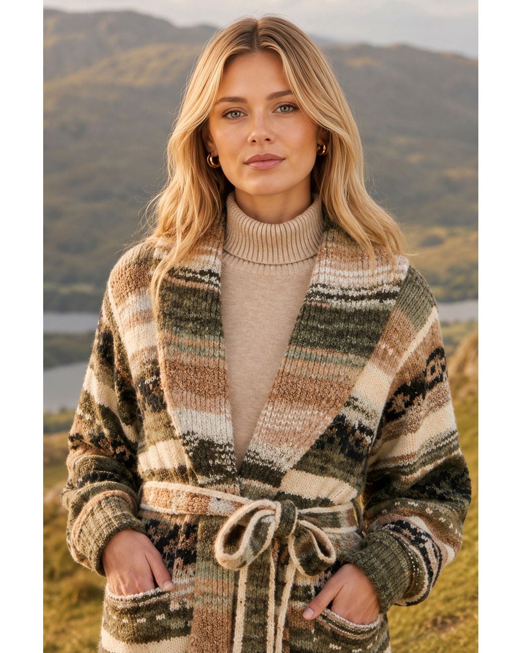 Yumi' Brown Stripe Fairisle Soft Wrap Cardigan