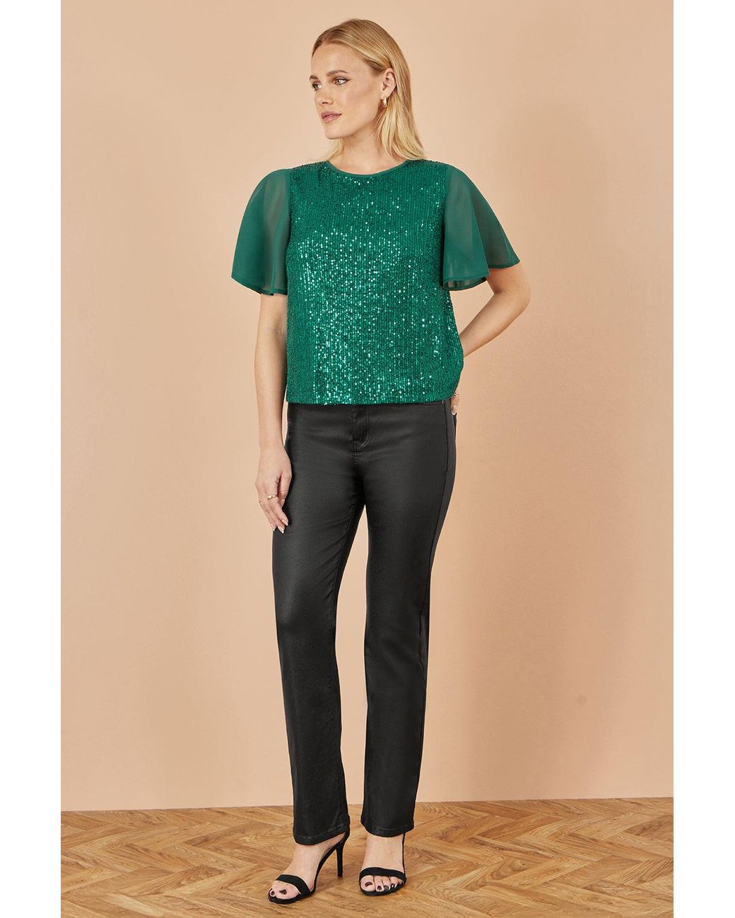 Yumi' Green Sequin Top With Sheer Sleeves And Cut Out Back