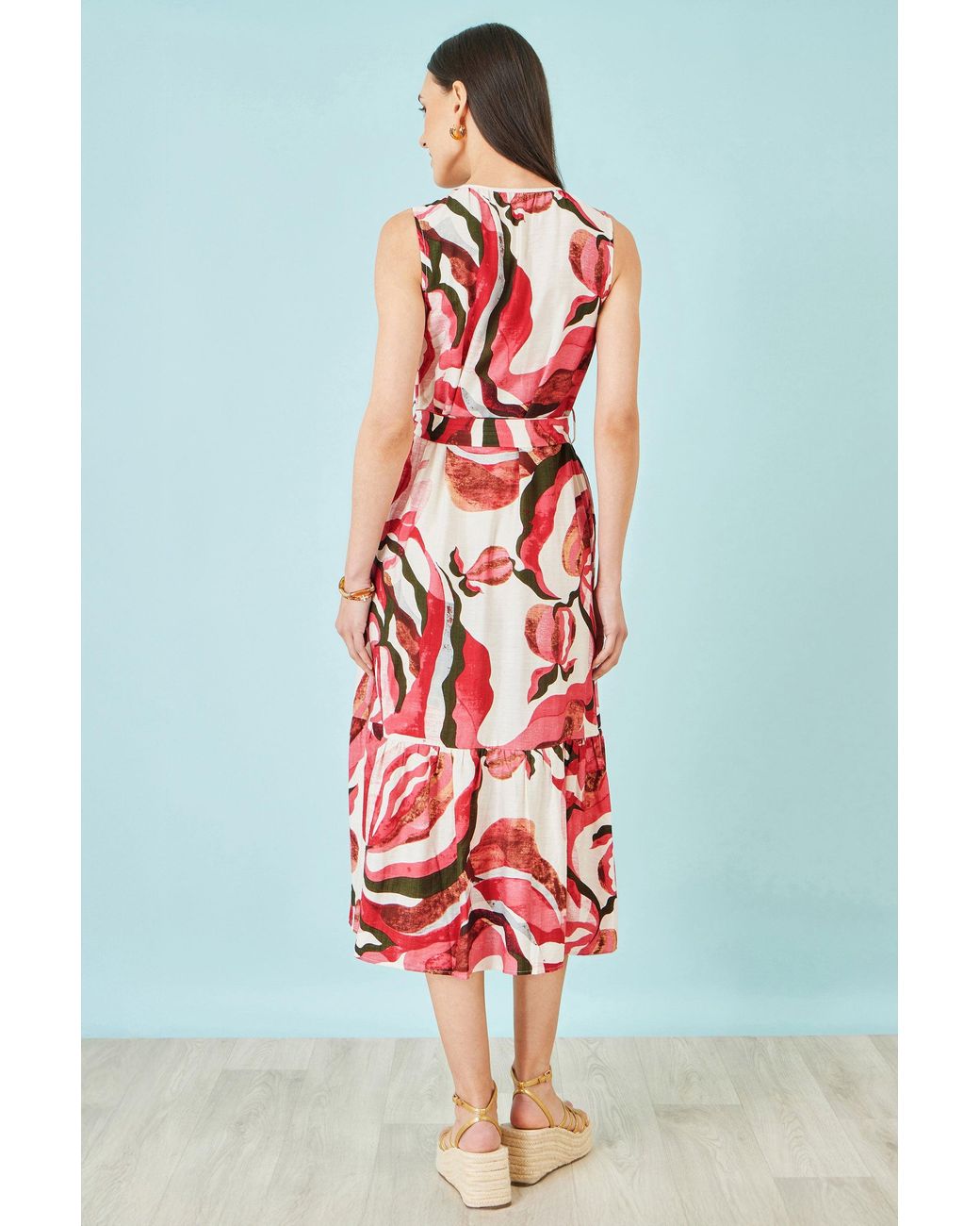 Yumi' Red Viscose Swirl Print Midi Dress