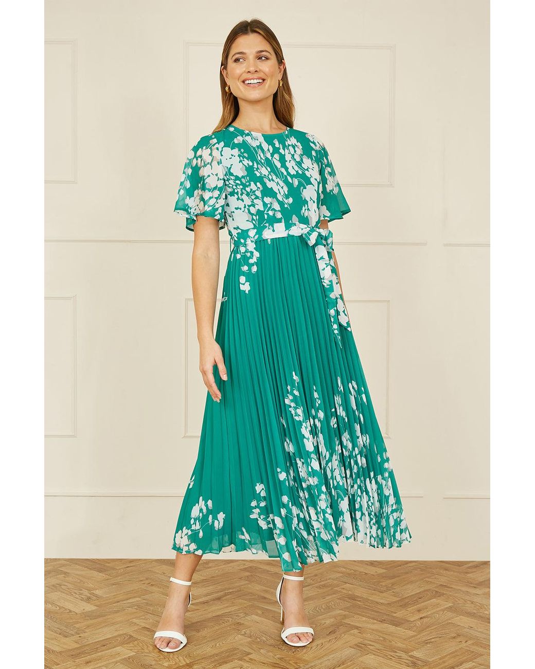 Yumi' Green Mirror Floral Design Pleated Midi Dress