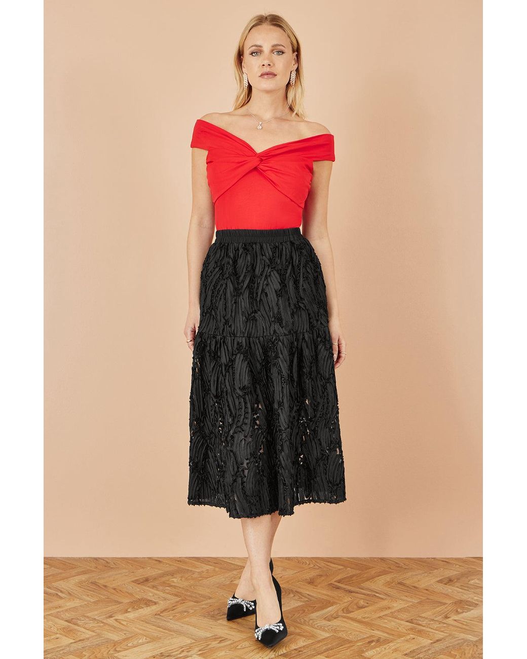 Yumi' Red Jersey Cotton Bardot Top With Knot Detail