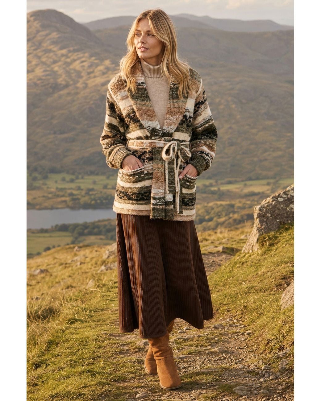 Yumi' Brown Stripe Fairisle Soft Wrap Cardigan