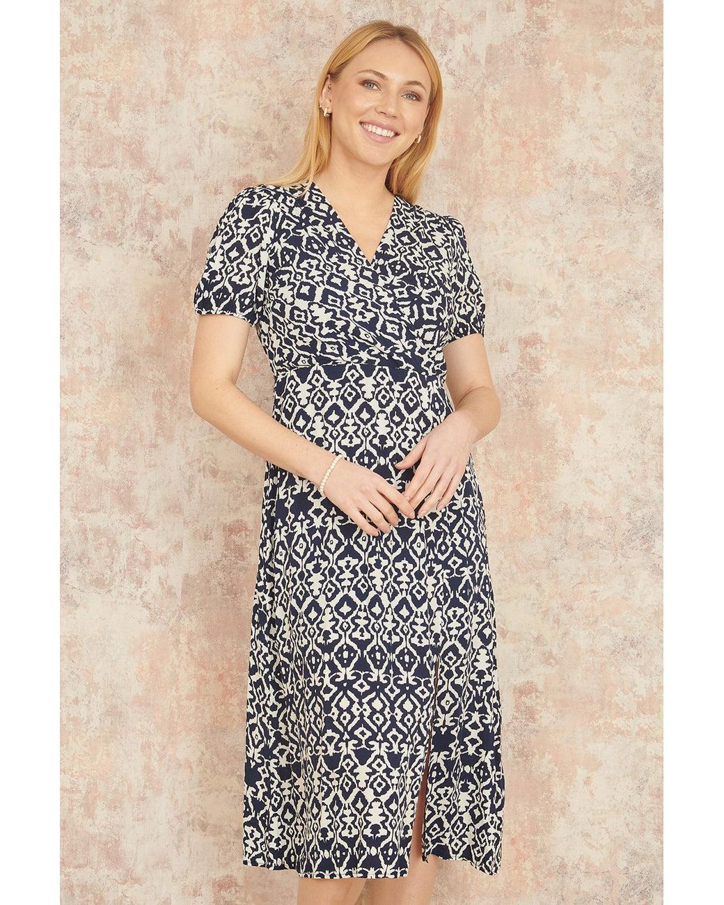 Yumi' Blue Ikat Print Midi Dress With Split Hem