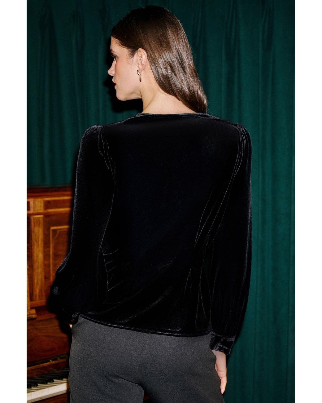Yumi' Black Velvet Peplum Top With Bow Buttons