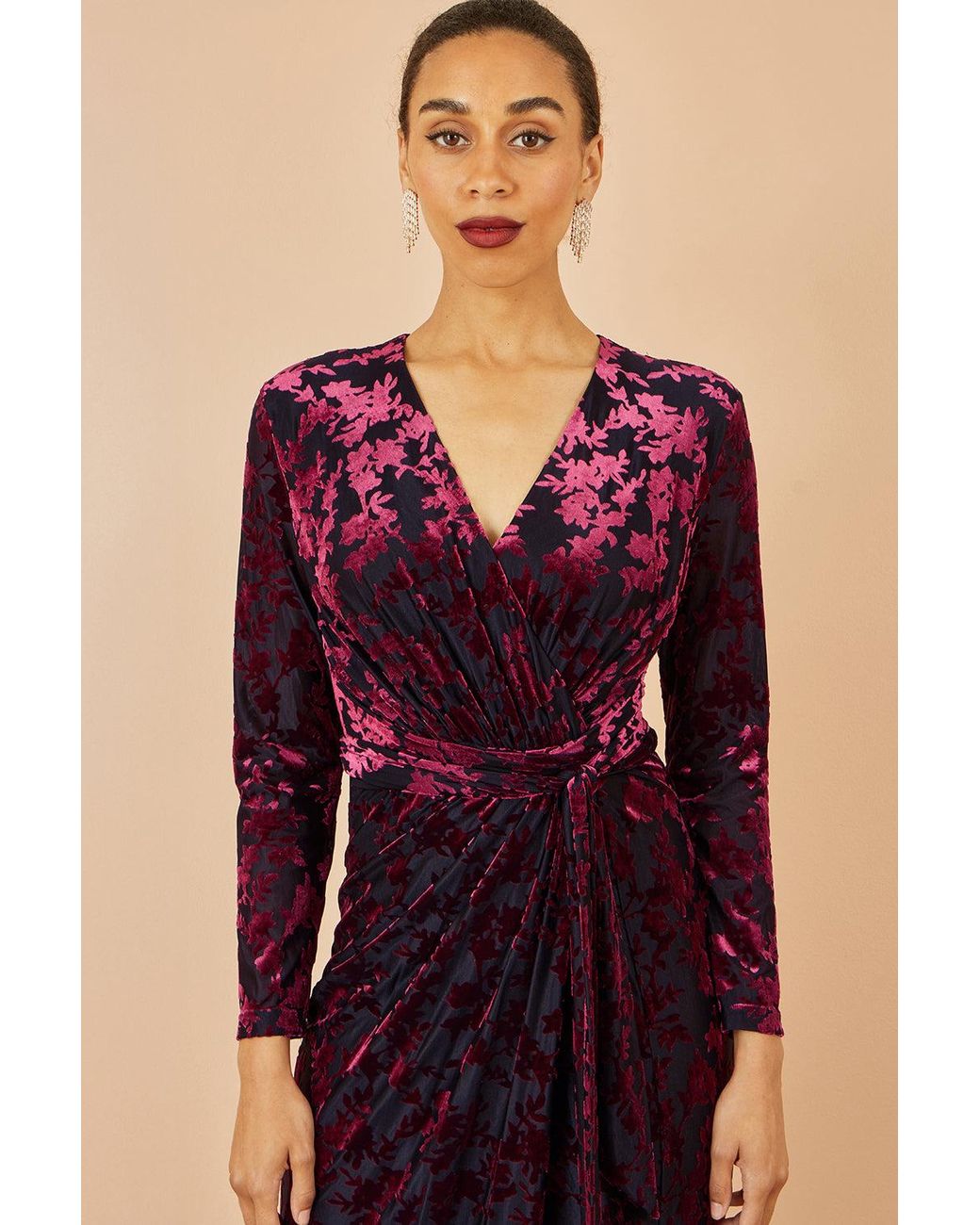 Yumi' Blue Velour Stretch Midi Dress With Long Sleeves