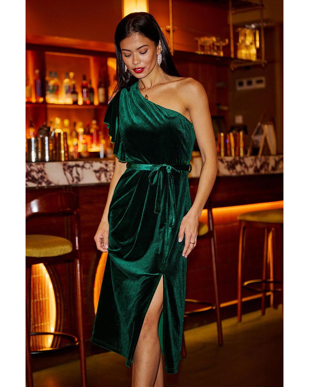 Yumi' Orange Velvet Frill One Shoulder Midi Dress With Split Hem