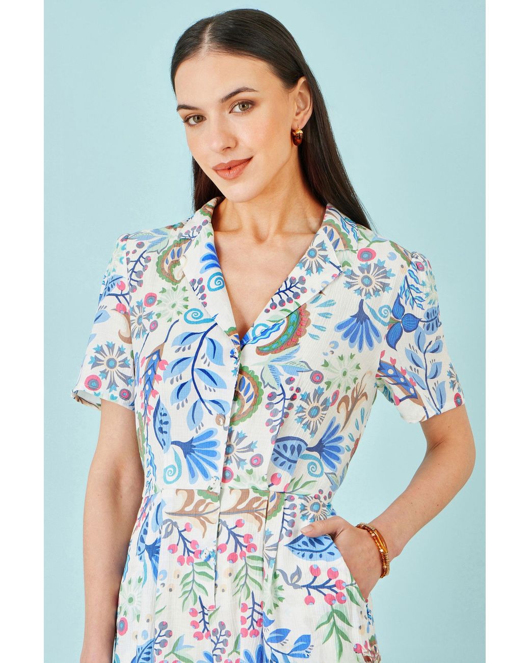 Yumi' Blue Multicolour Paisley Retro Print Playsuit