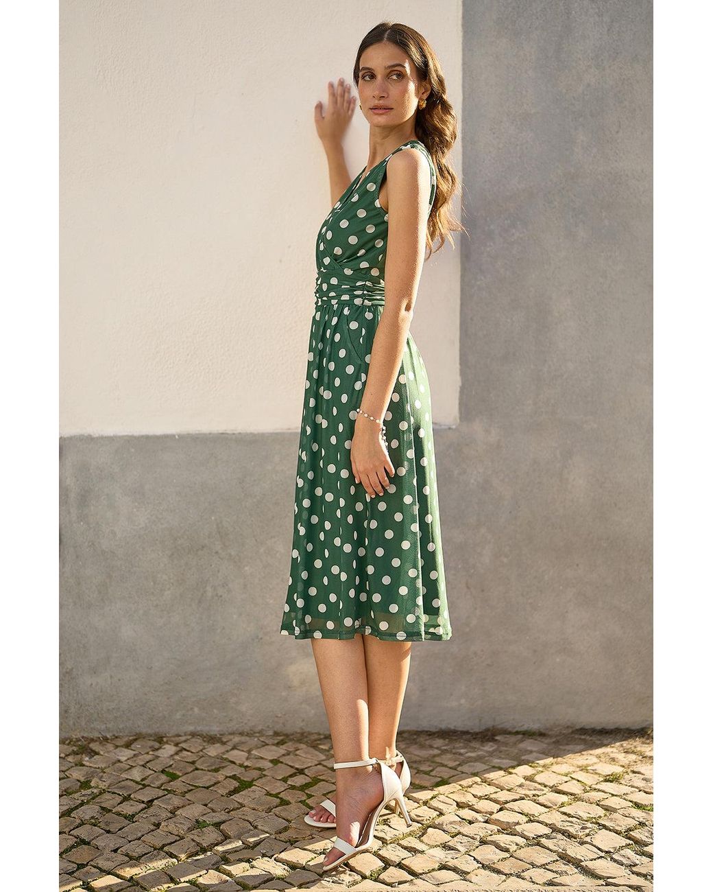 Yumi' Green Polka Dot Mesh Wrap Skater Dress With Pockets