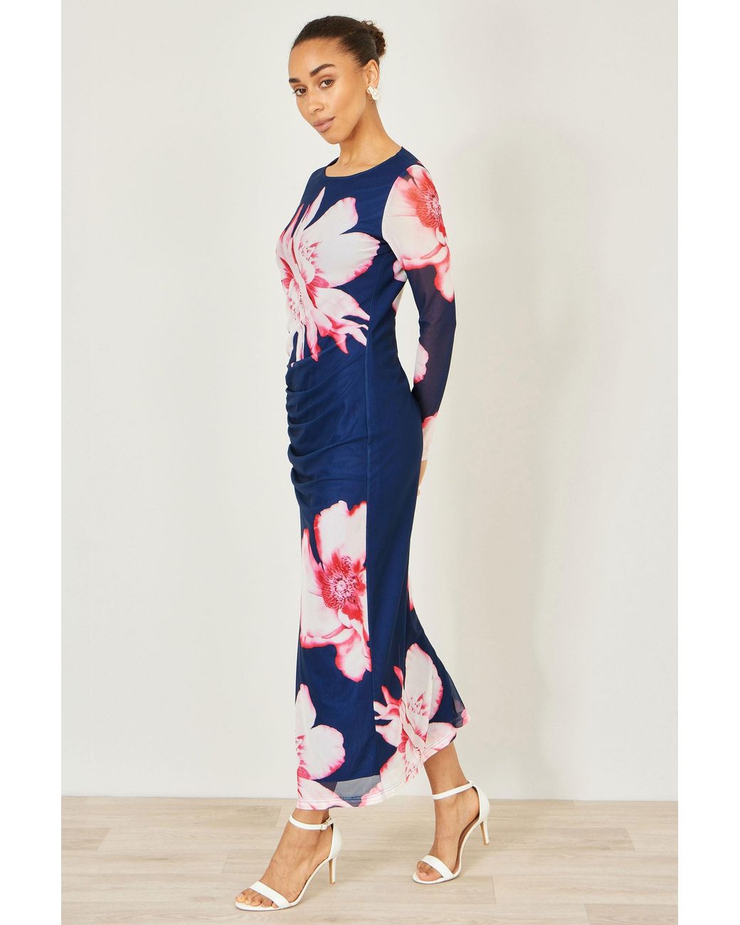 Yumi' Blue Floral Placement Floral Long Sleeve Mesh Maxi Dress