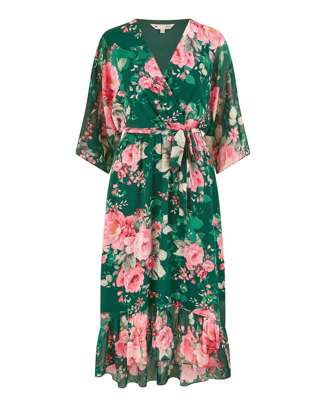 Yumi' Green Dark Kimono Sleeves Midi Dip Hem Wrap Midi Dress