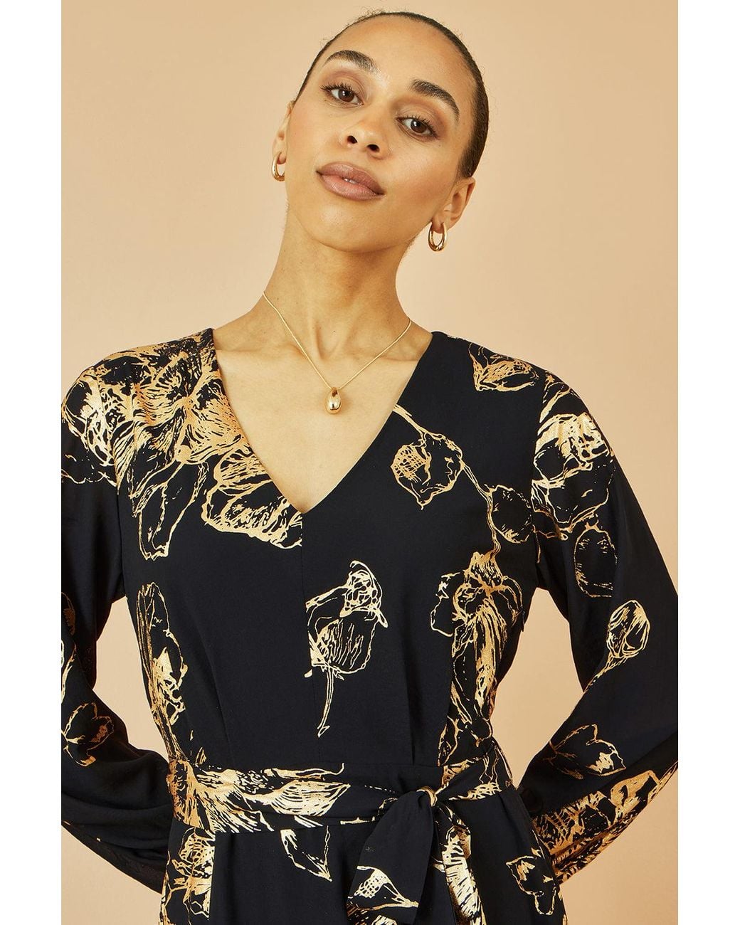 Yumi' Black Foil Rose Print Midi Dress