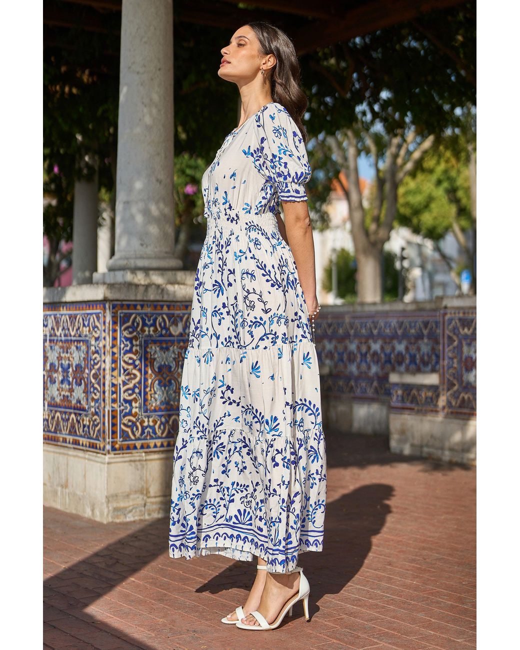 Yumi' Blue Border Print Maxi Dress