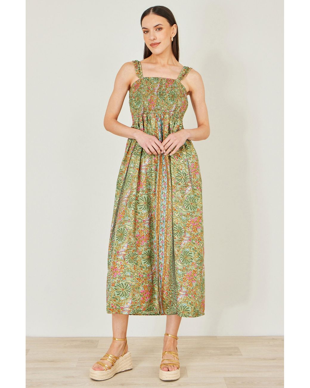 Yumi' Green Foil Palm Print Ruched Maxi Dress With Border Detail