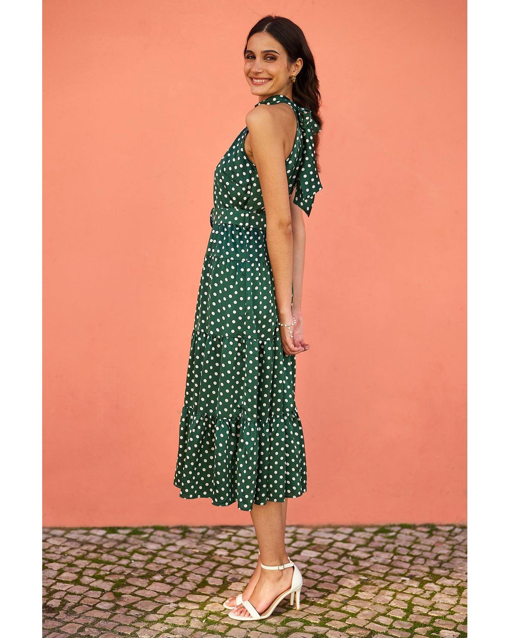 Yumi' Green Spot Print Halter Midi Dress With Matching Belt
