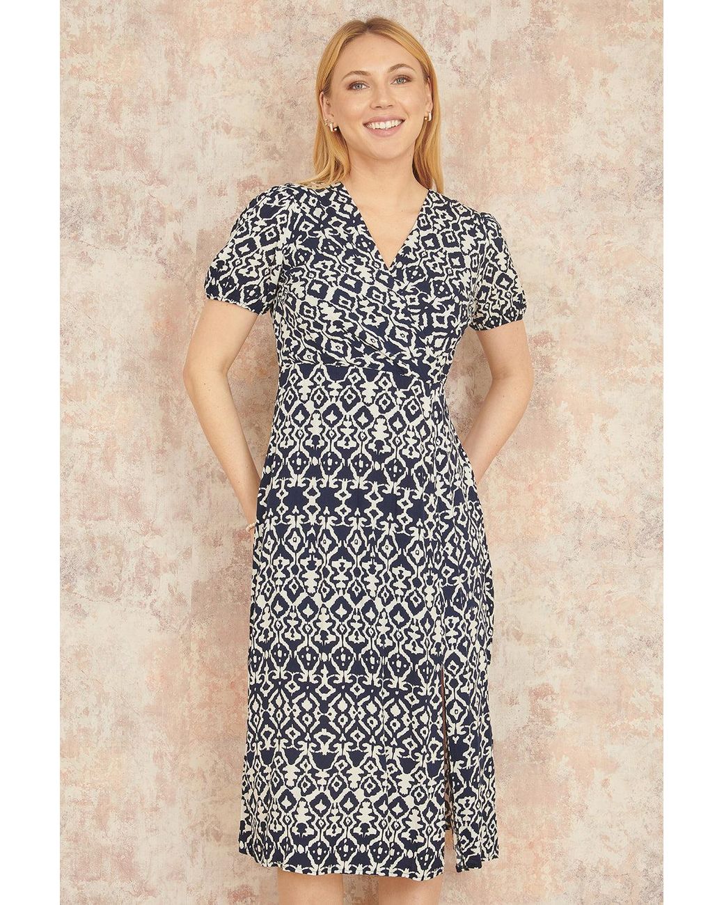 Yumi' Blue Ikat Print Midi Dress With Split Hem