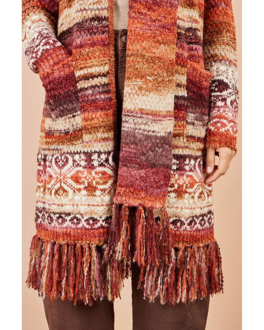 Yumi' Orange Boucle Soft Long Cardigan With Scarf