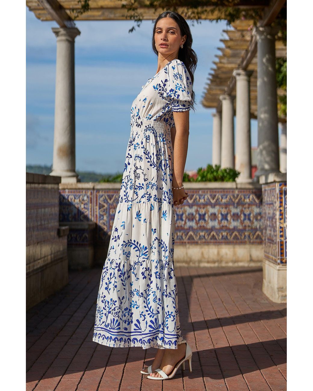 Yumi' Blue Border Print Maxi Dress