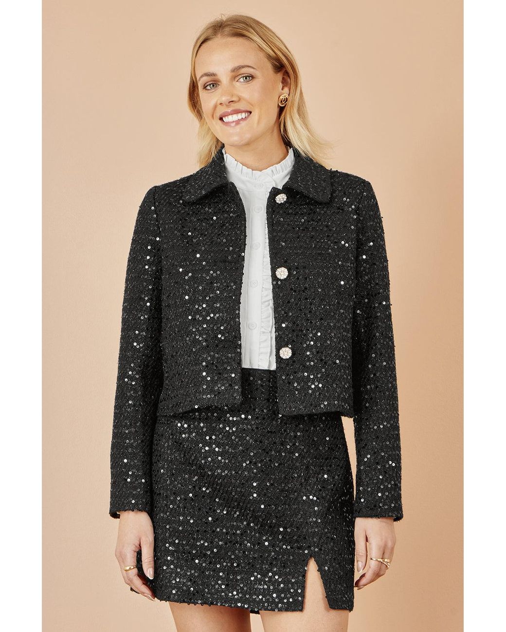 Yumi' Black Boucle Sequin Mini Skirt