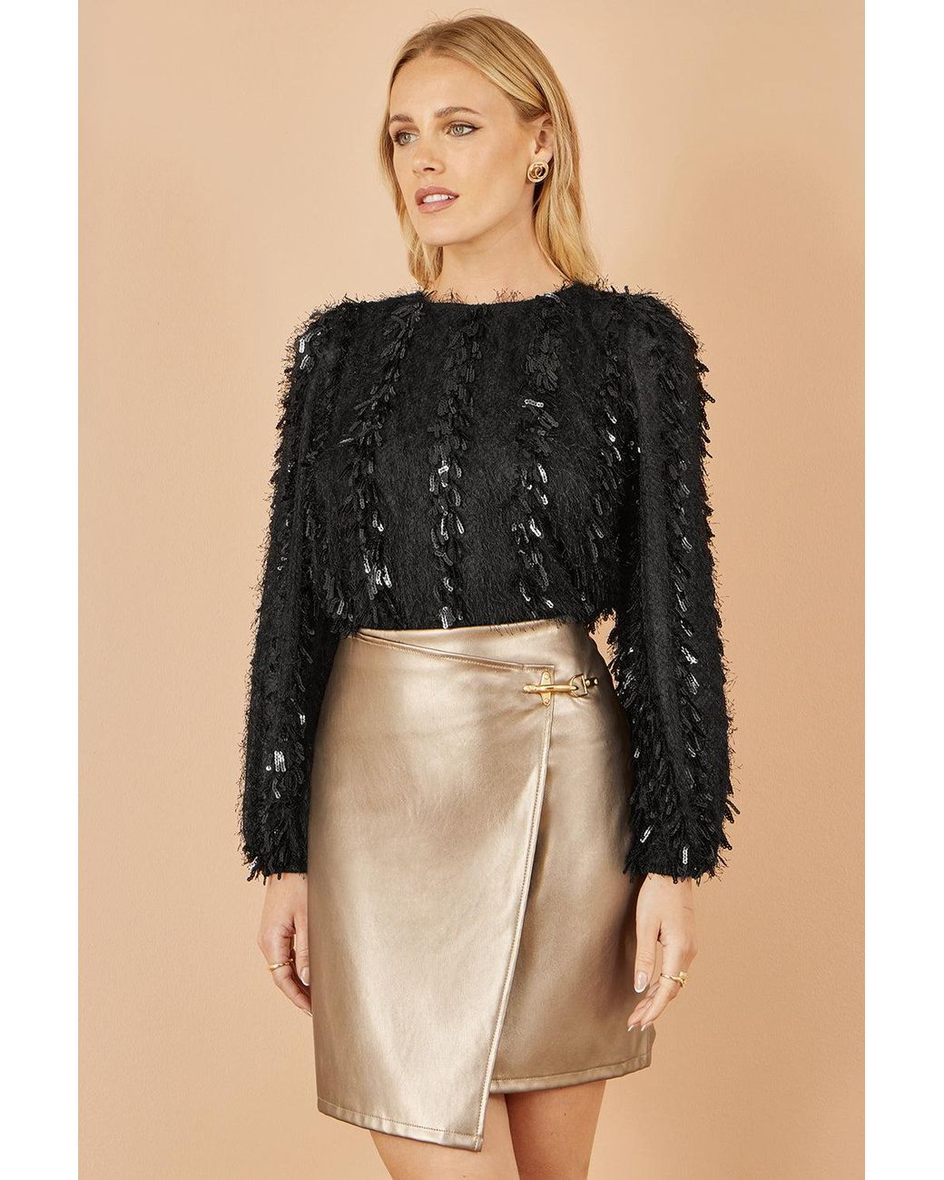 Yumi' Black Hanging Sequin Long Sleeve Top