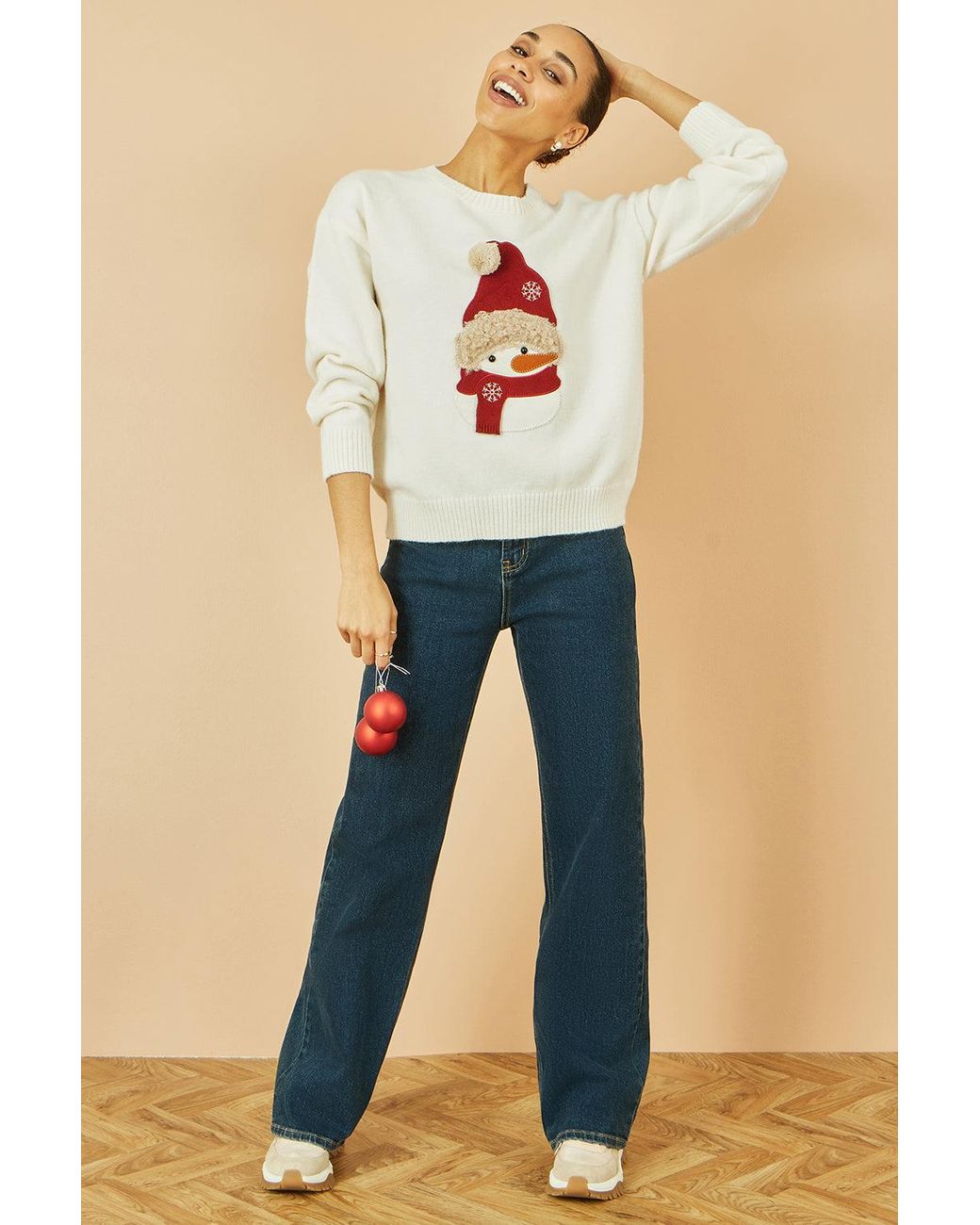 Yumi' White Christmas Jumper With Applique Snowman