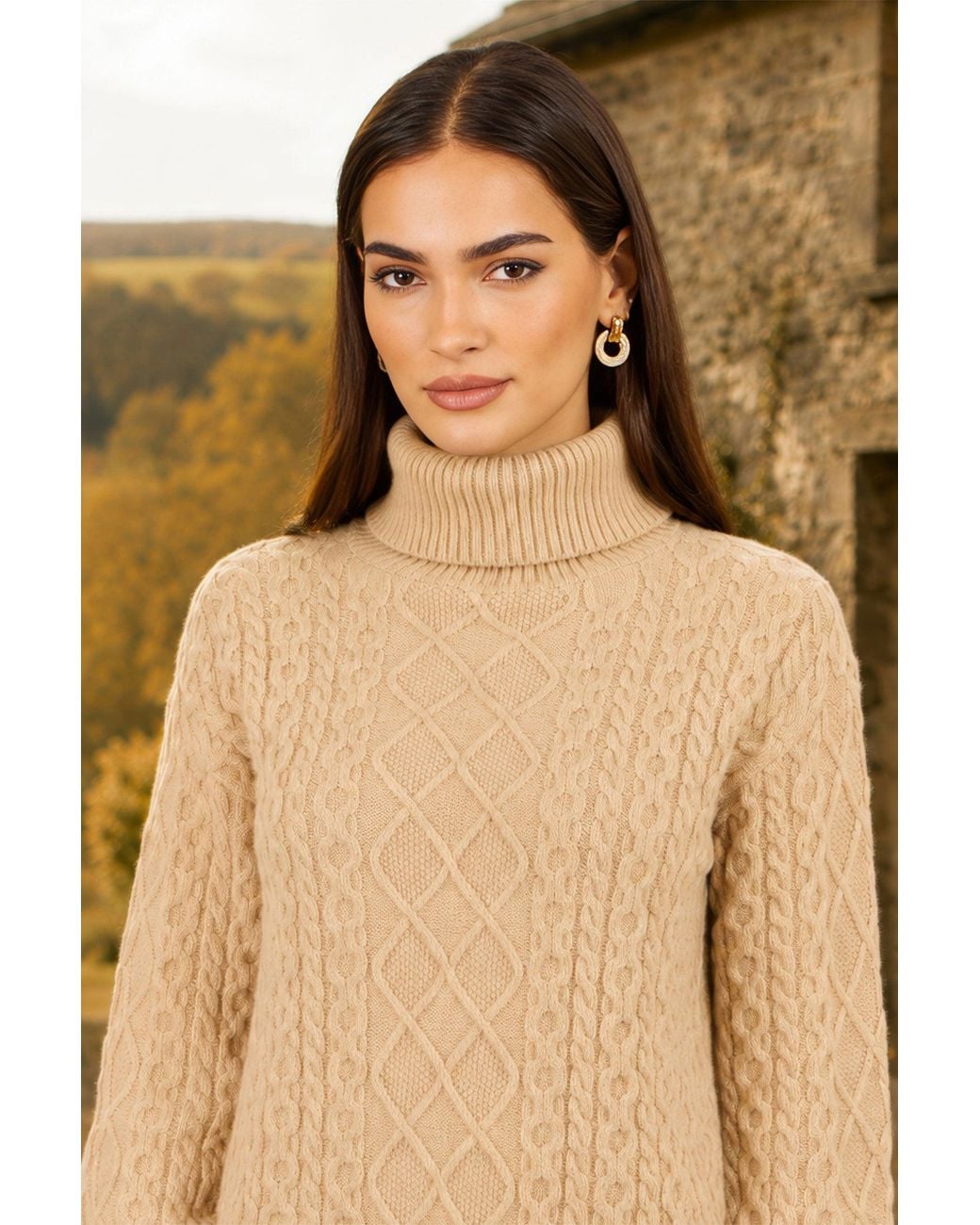 Yumi' Natural Cable Knit Roll Neck Jumper