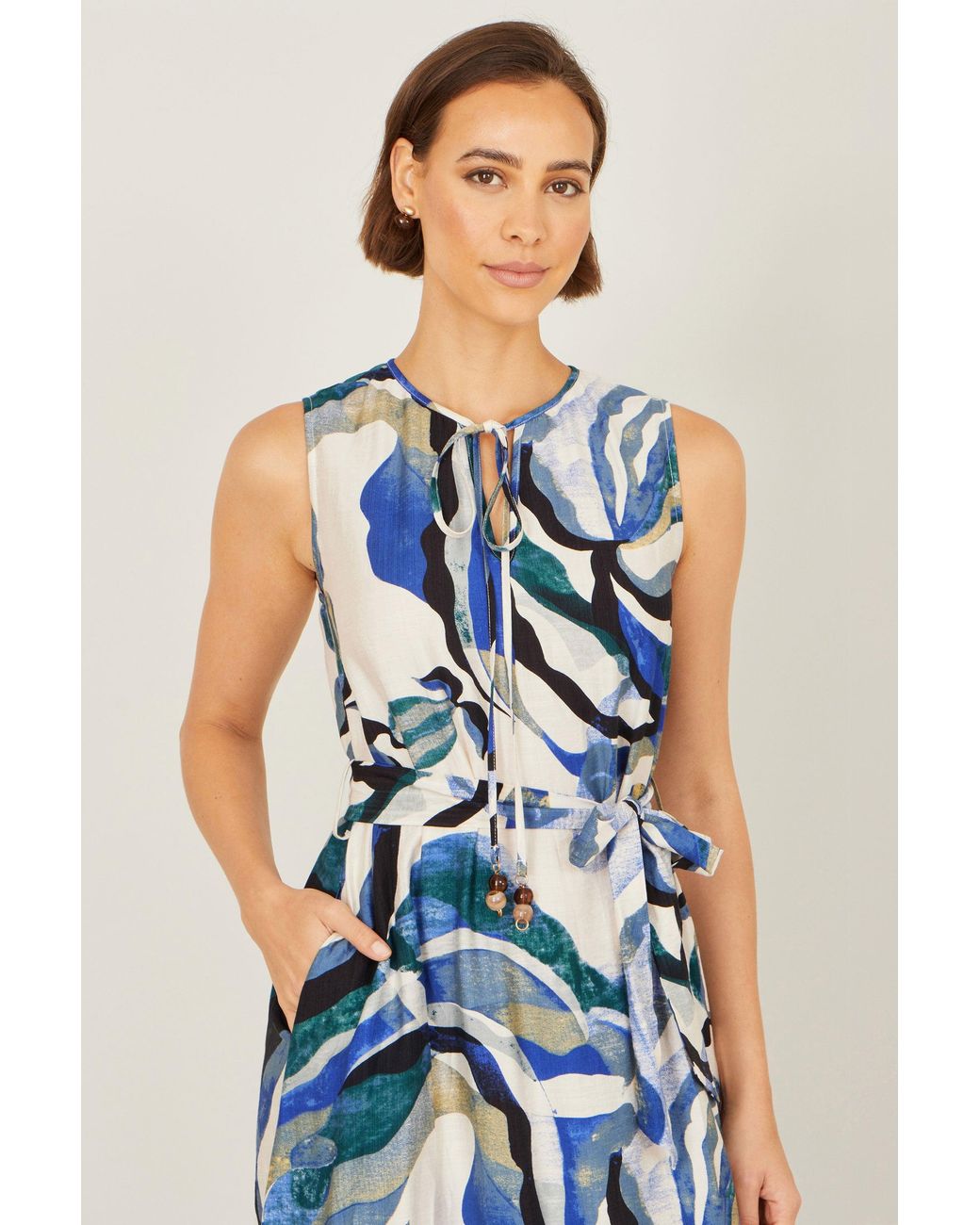 Yumi' Blue Viscose Swirl Print Midi Dress