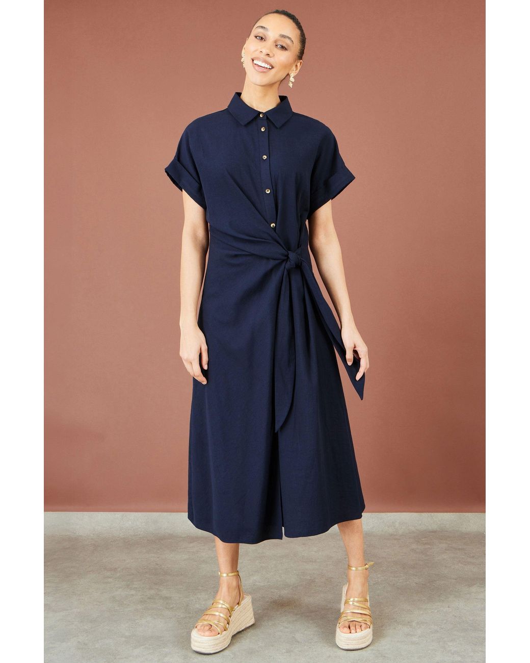 Yumi' Blue Wrap Tie Midi Shirt Dress