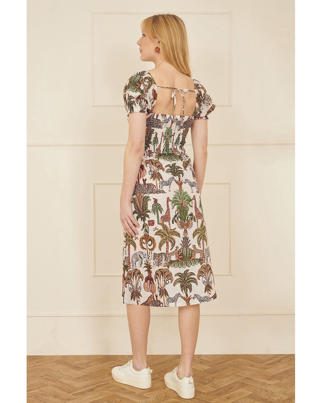 Yumi' Natural Cotton Safari Print Ruched Midi Dress