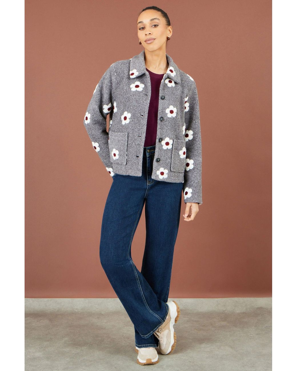 Yumi' Blue Embroidered Daisy Fleece Jacket