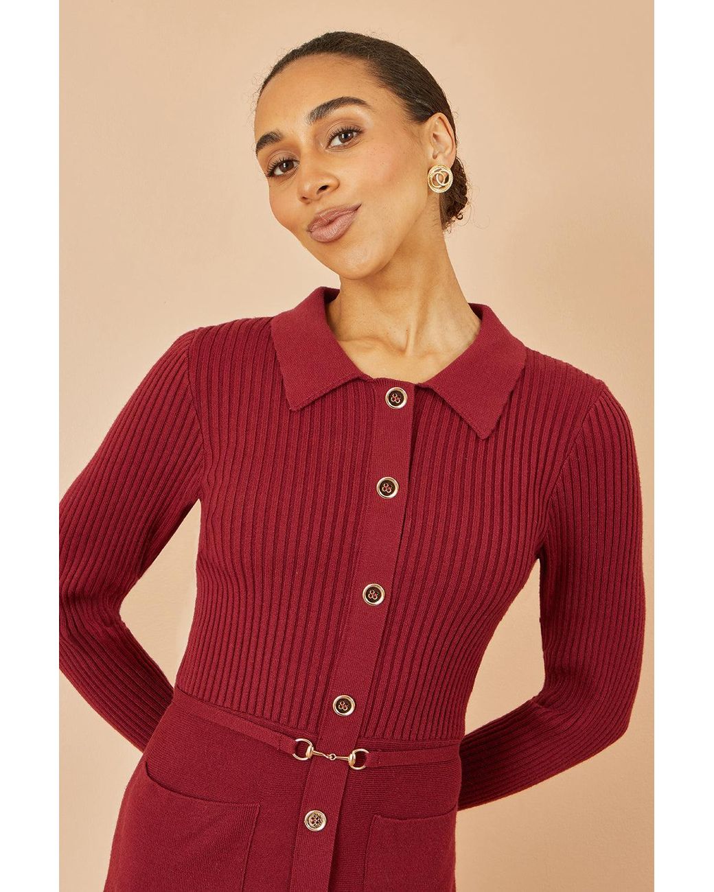 Yumi' Red Rib Knit Midi Shirt Dress With Snaffle Belt