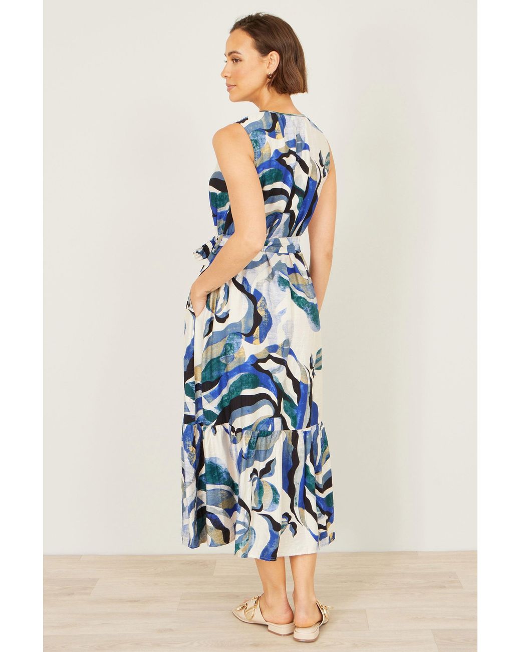Yumi' Blue Viscose Swirl Print Midi Dress