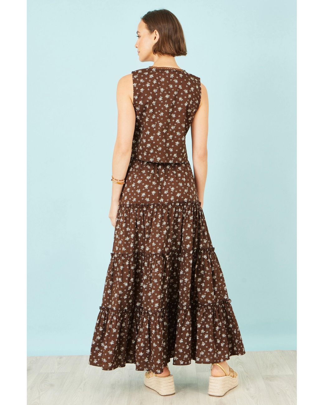 Yumi' Brown Daisy Print Maxi Skirt