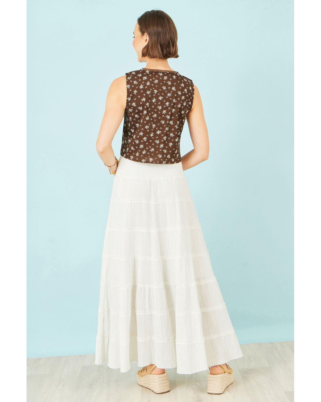 Yumi' Brown Cotton Daisy Print Waistcoat Top
