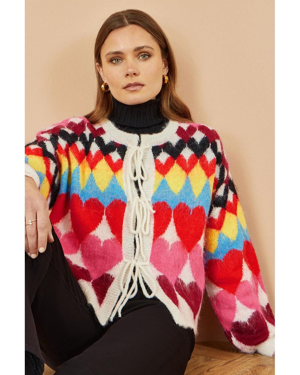 Yumi' Red Multicolour Tie Front Heart Intarsia Cardigan