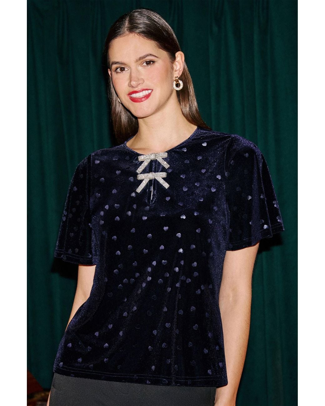 Yumi' Black Velvet Heart Top With Bow Detail