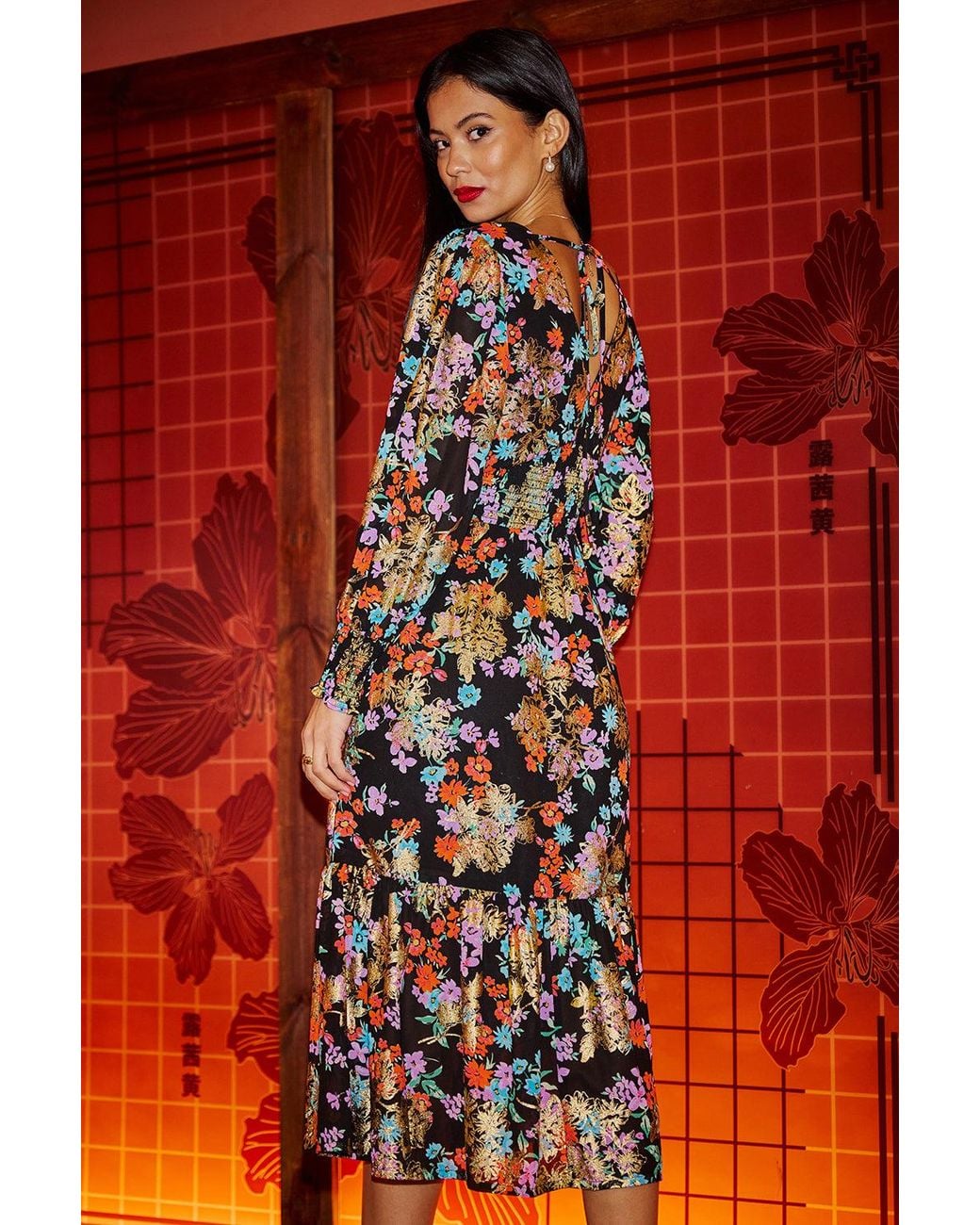 Yumi' Red Floral And Foil Ruched Midi Dress With Split Hemline
