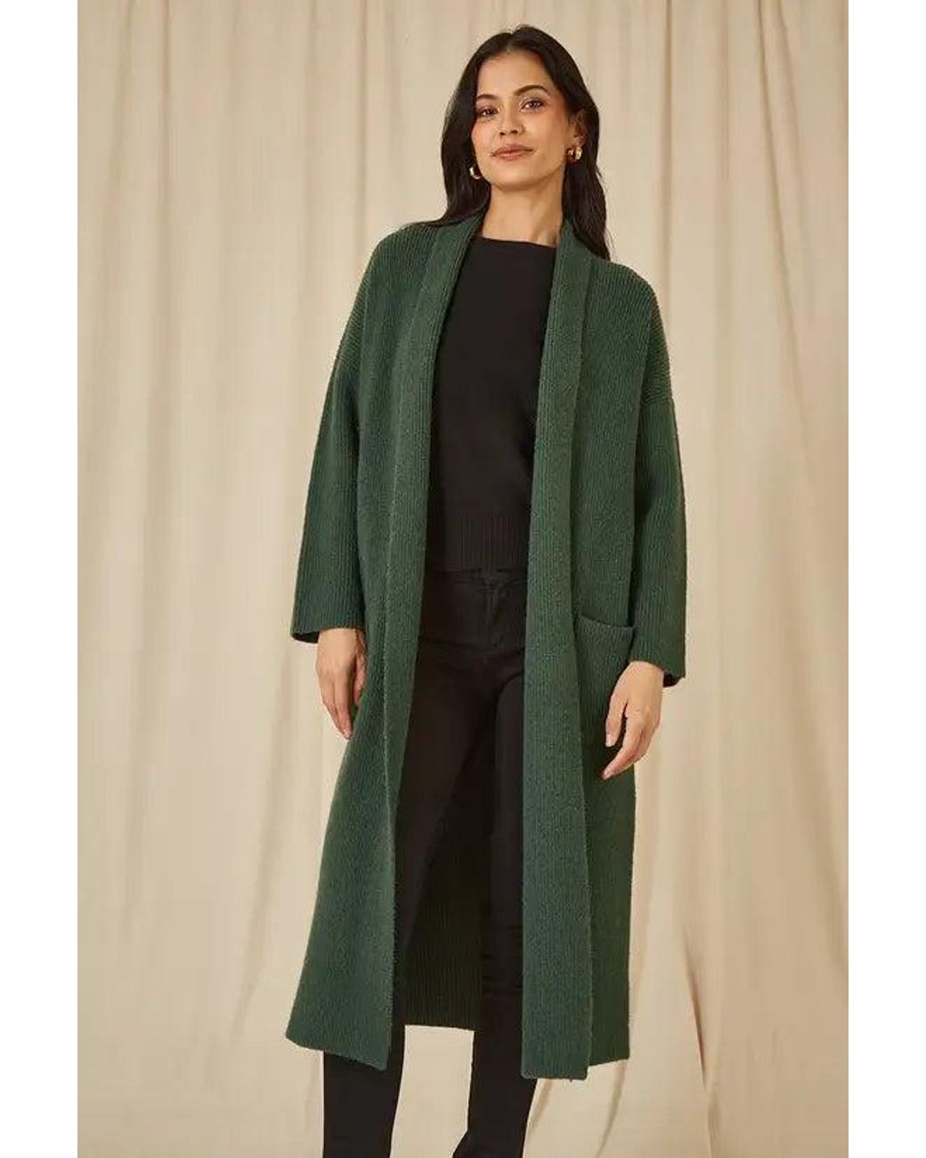 Yumi' Green Knitted Maxi Cardigan With Pockets