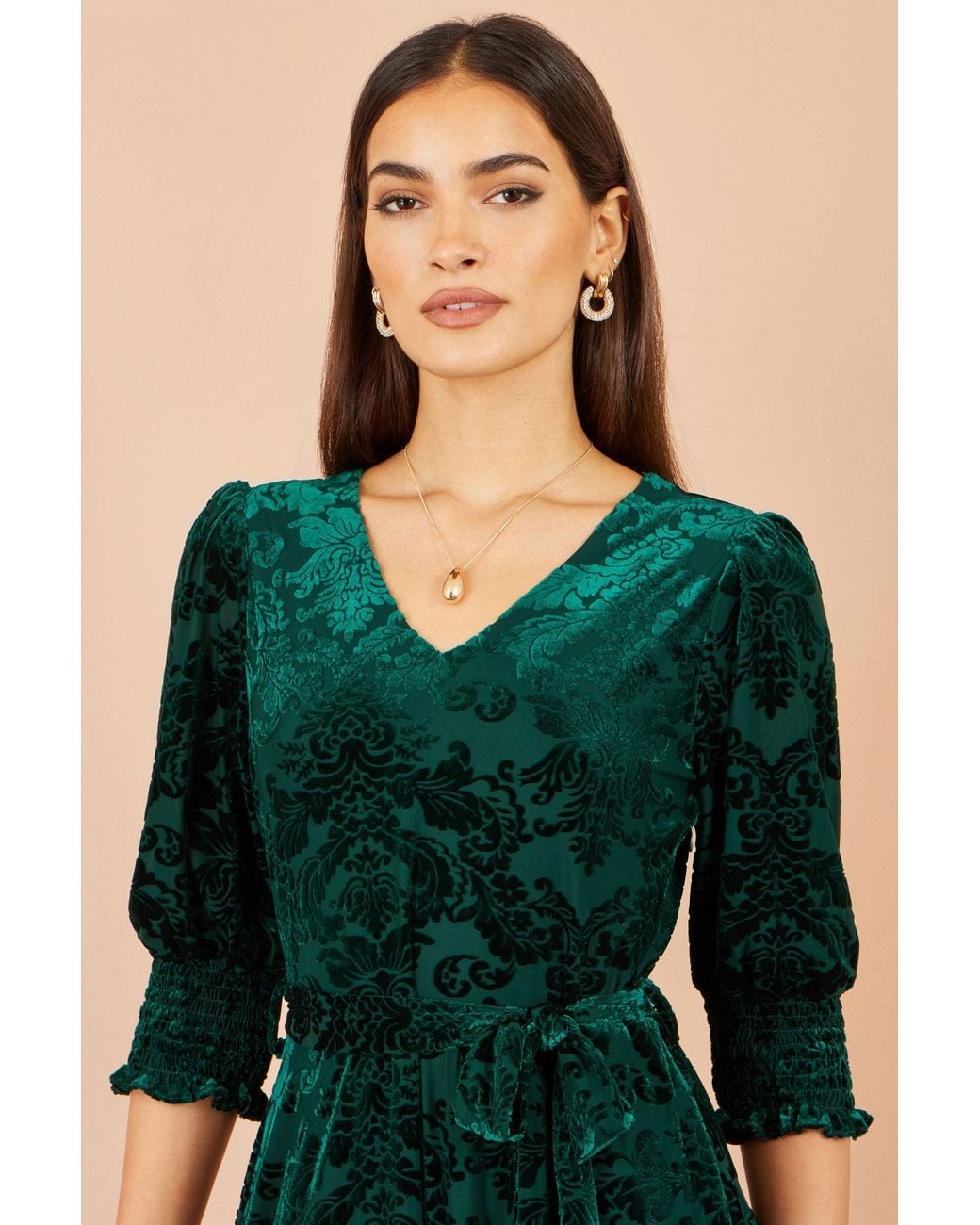 Yumi' Green Velvet Floral Midi Dress