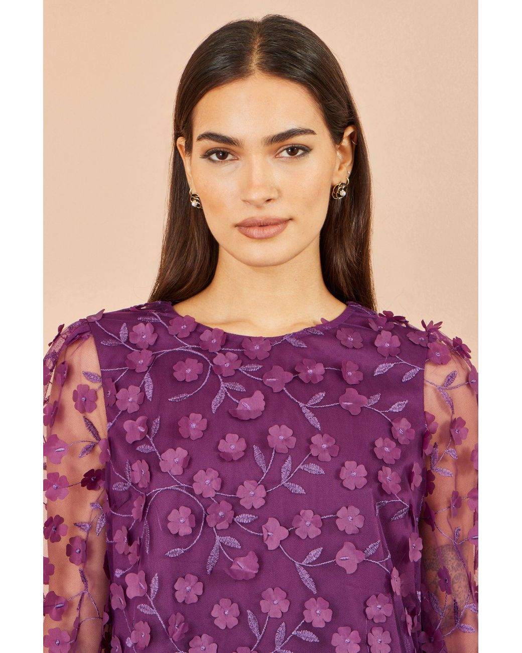 Yumi' Purple Sheer Sleeve Applique Flower Top
