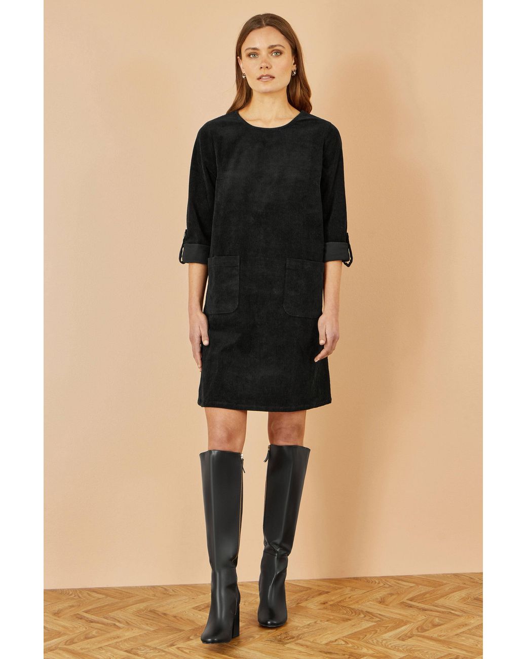 Yumi' Black Cord Tunic Dress With 3/4 Sleeves And Pockets