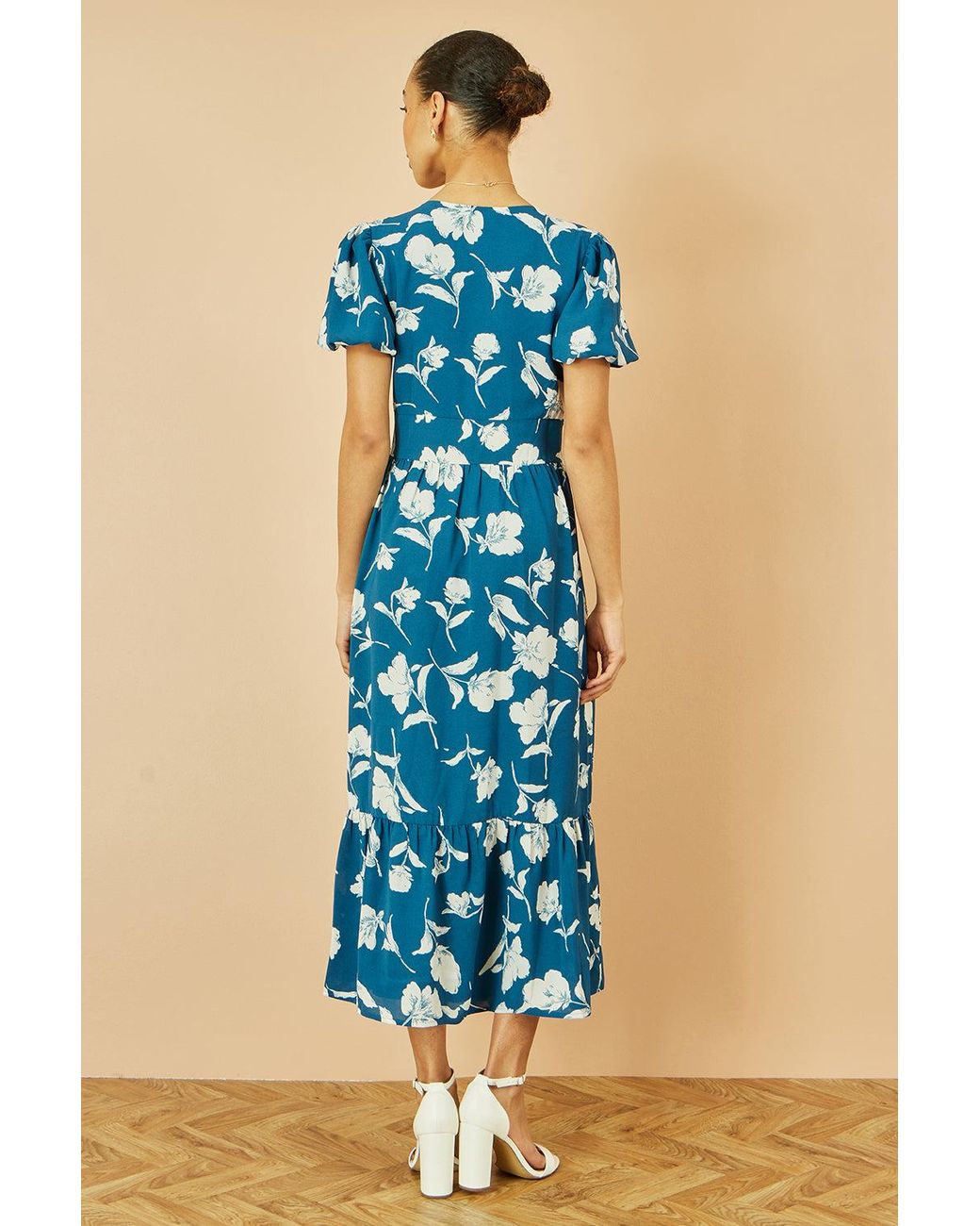 Yumi' Blue Floral Button Down Floral Midi Dress