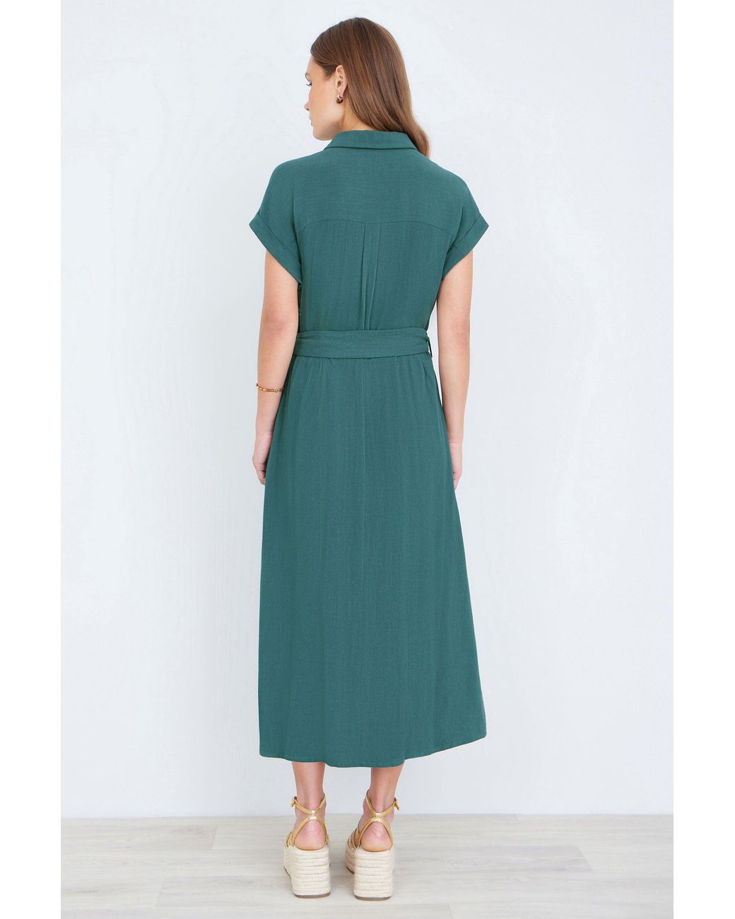 Yumi' Green Viscose Linen Look Midi Shirt Dress With Wooden Belt