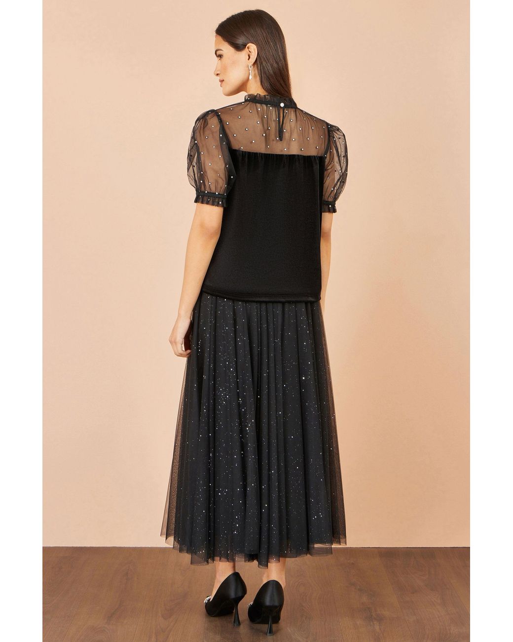 Yumi' Black Velvet Mesh Embellished Top