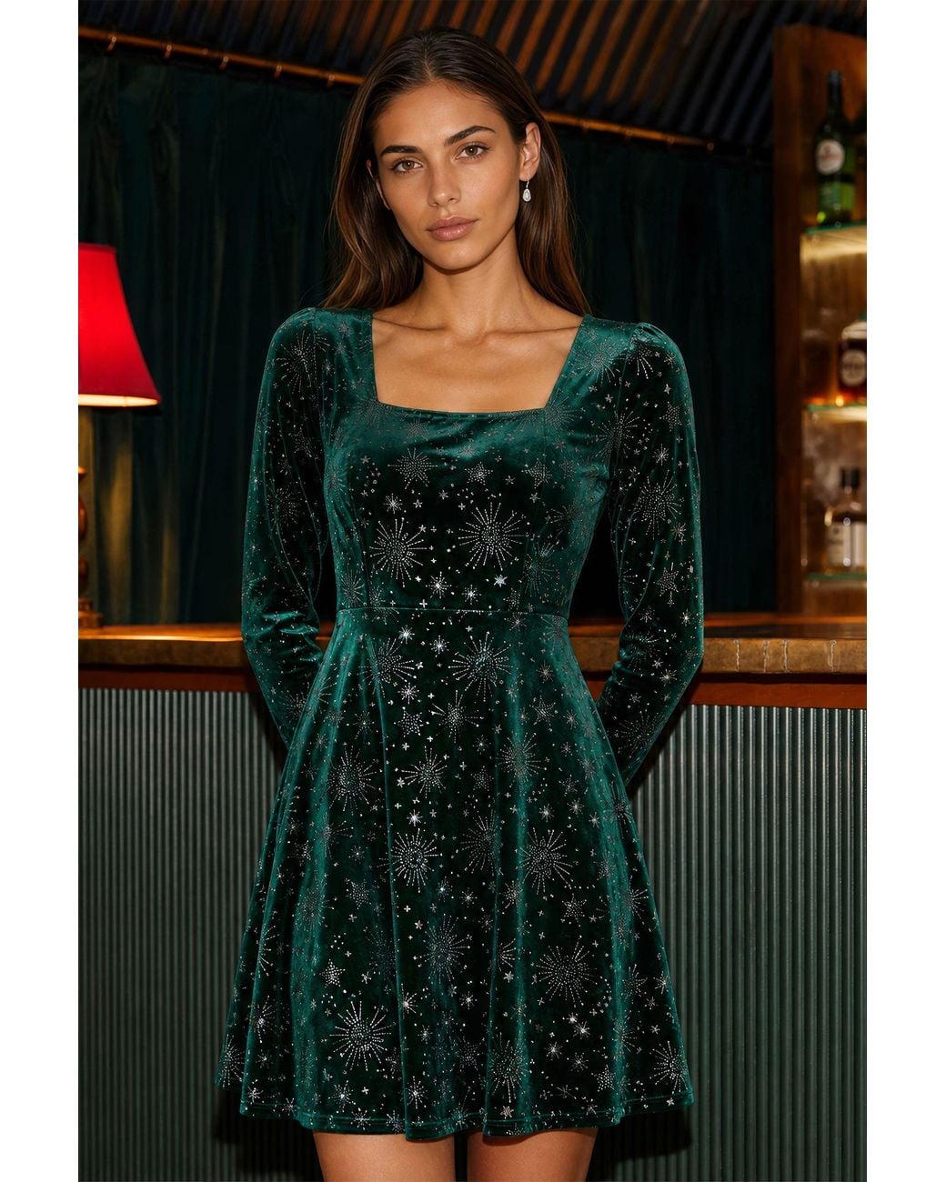Yumi' Green Starburst Foil Print Long Sleeve Skater Dress