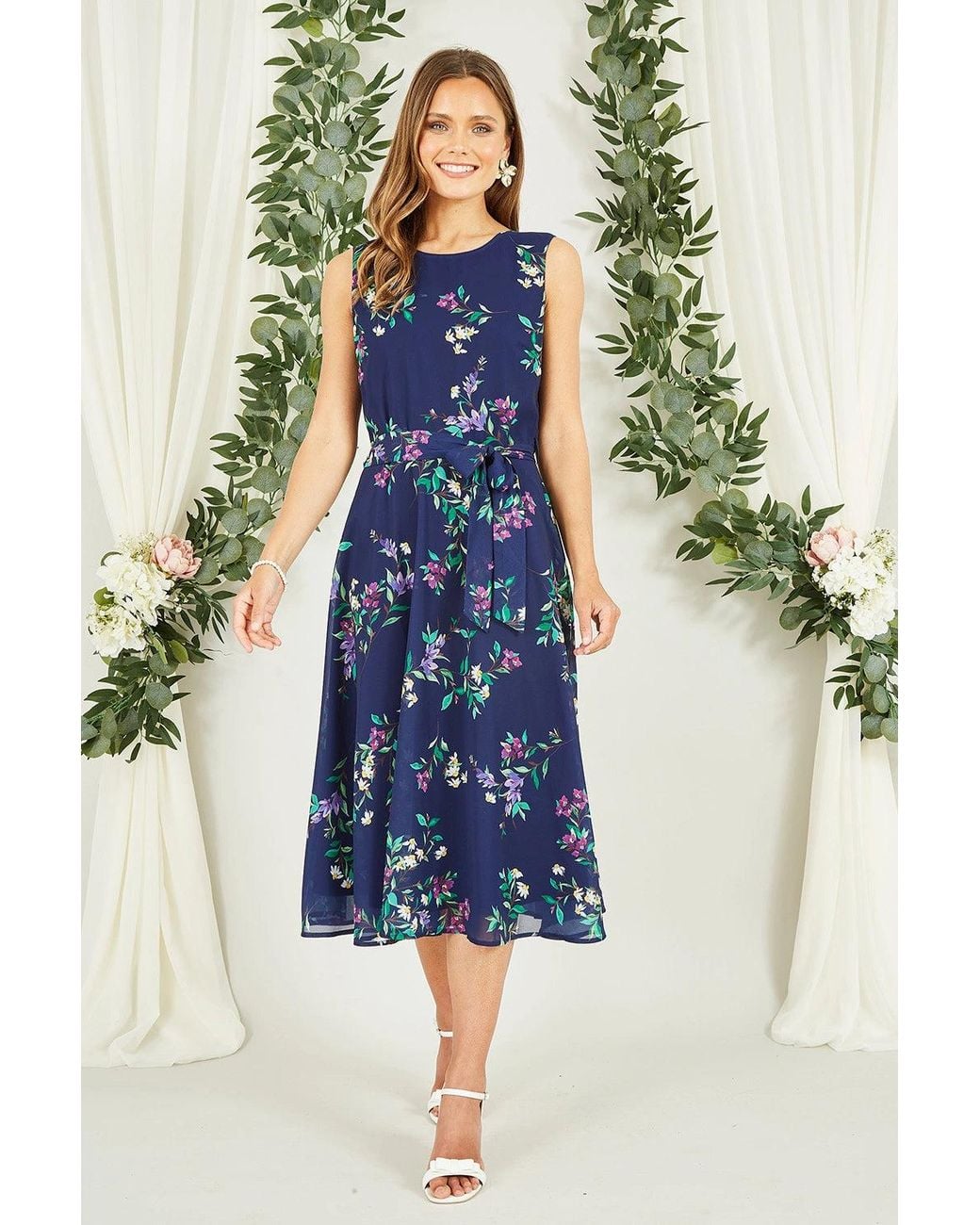 Yumi' Blue Floral Print Midi Skater Dress