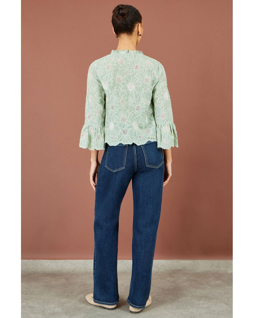 Yumi' Green Daisy Broderie Shirt With Fluted Sleeves