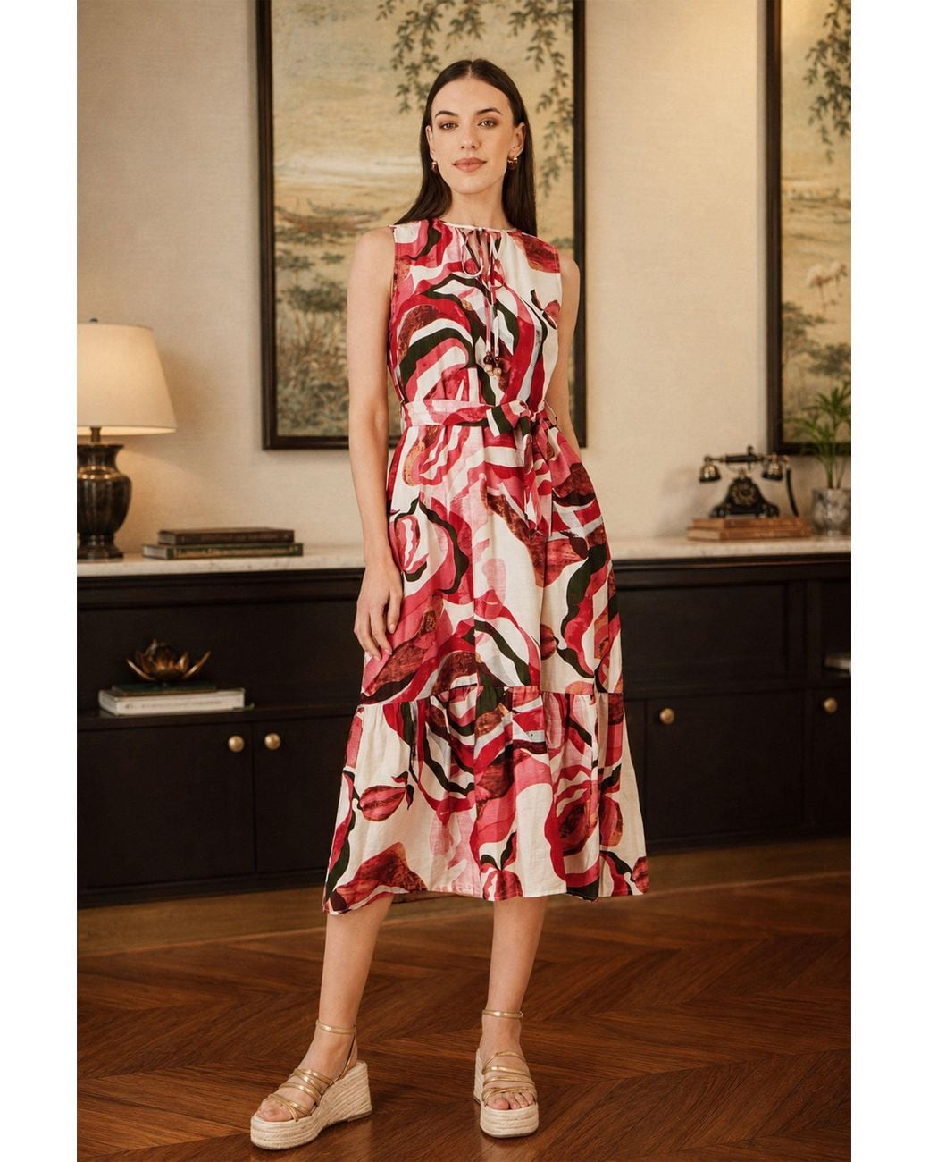 Yumi' Red Viscose Swirl Print Midi Dress