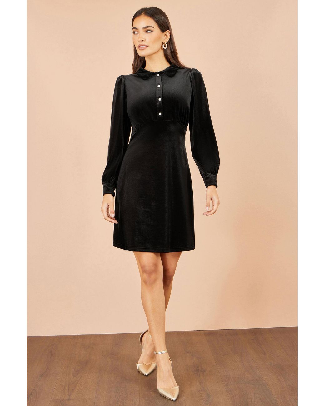 Yumi' Black Velvet Shift Dress With Diamante Buttons