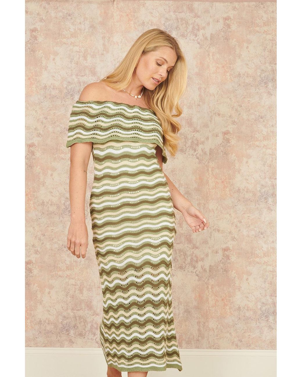 Yumi' Natural Stripe Crochet Knit Bardot Midi Dress
